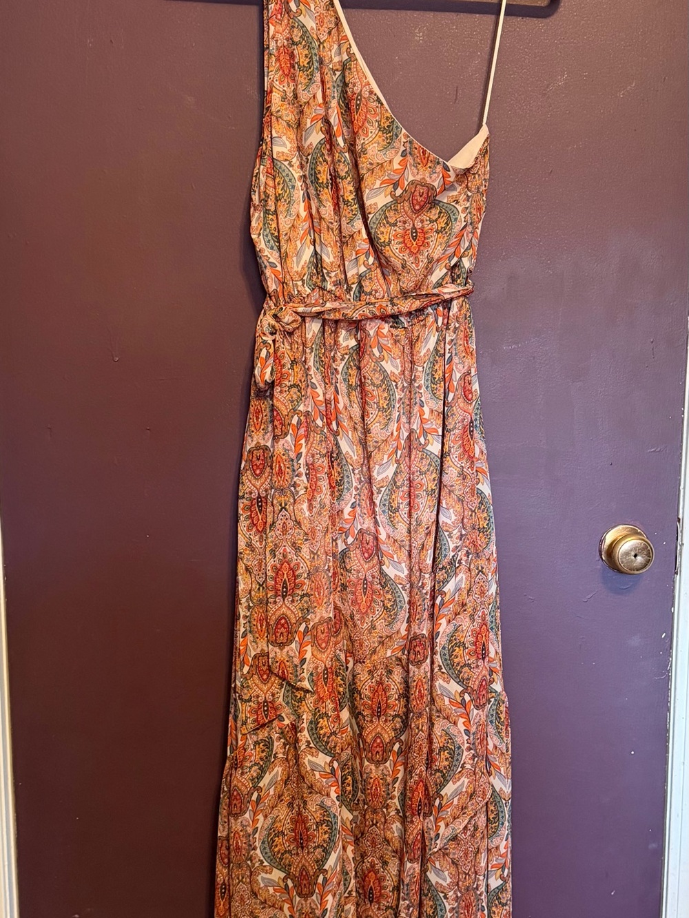 Molly Bracken One-Shoulder Paisley Maxi Dress in Rust and Cream